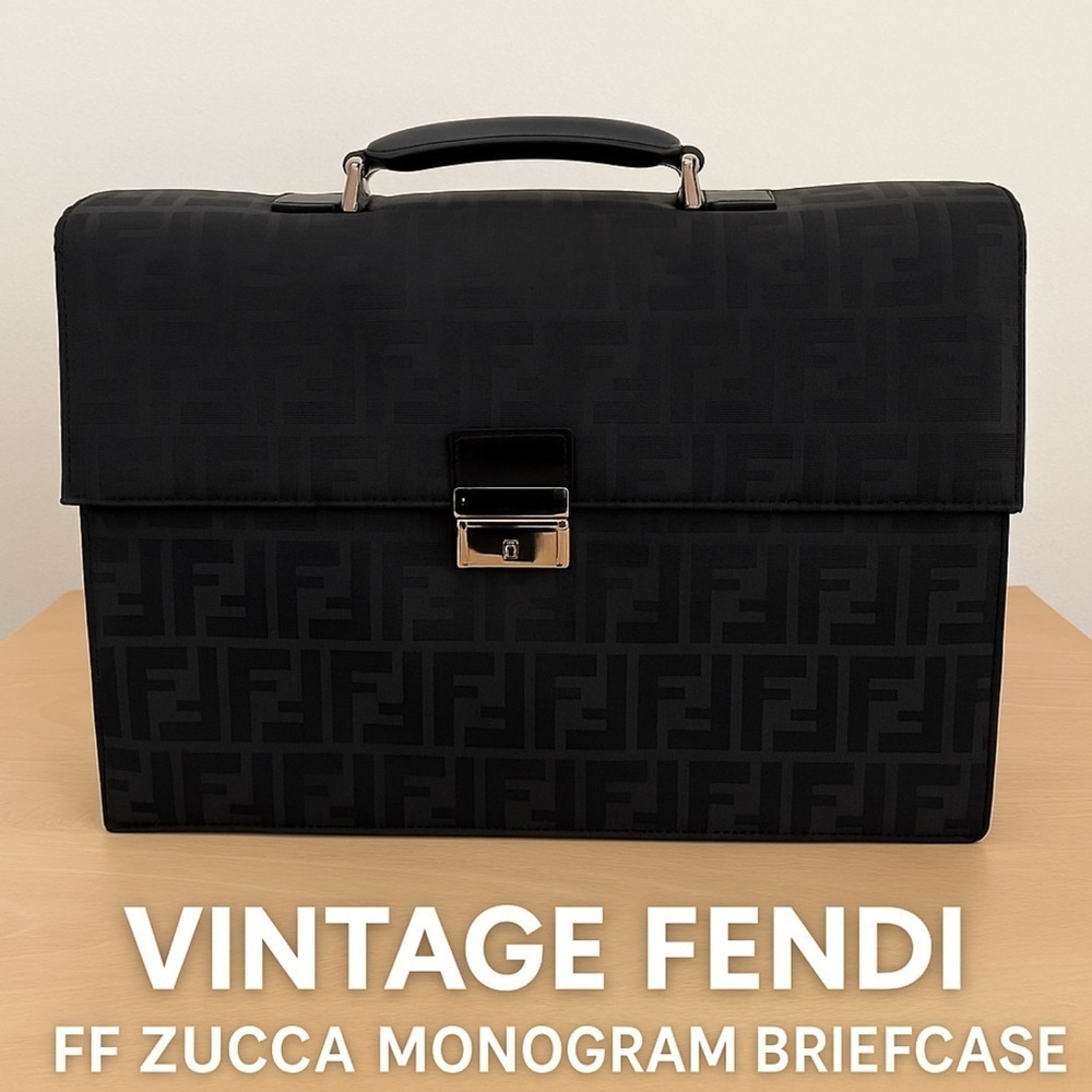 Rare FENDI Zucca Black Monogram Briefcase Unisex Canvas Leather EUC 1990s
